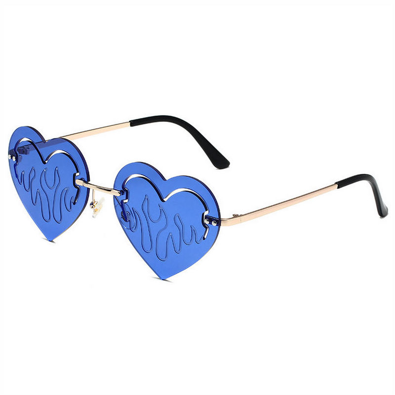 Blue Fire Heart Rimless Sunglasses
