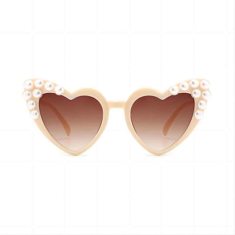 Pearl Embellished Plastic Heart Sunglasses Beige/Brown