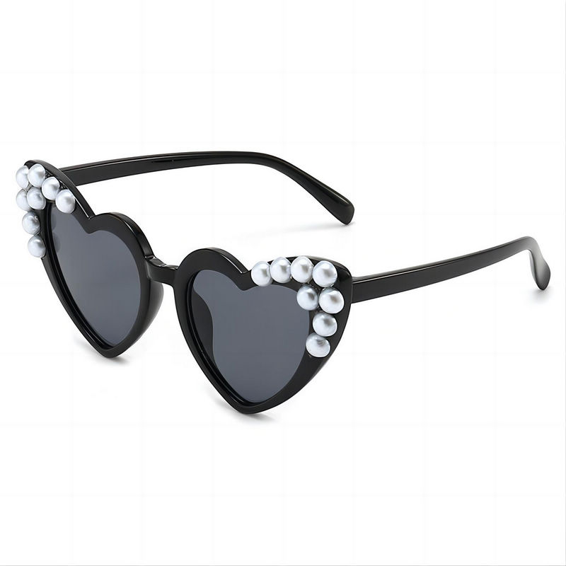 Pearl Embellished Plastic Heart Sunglasses Black/Grey