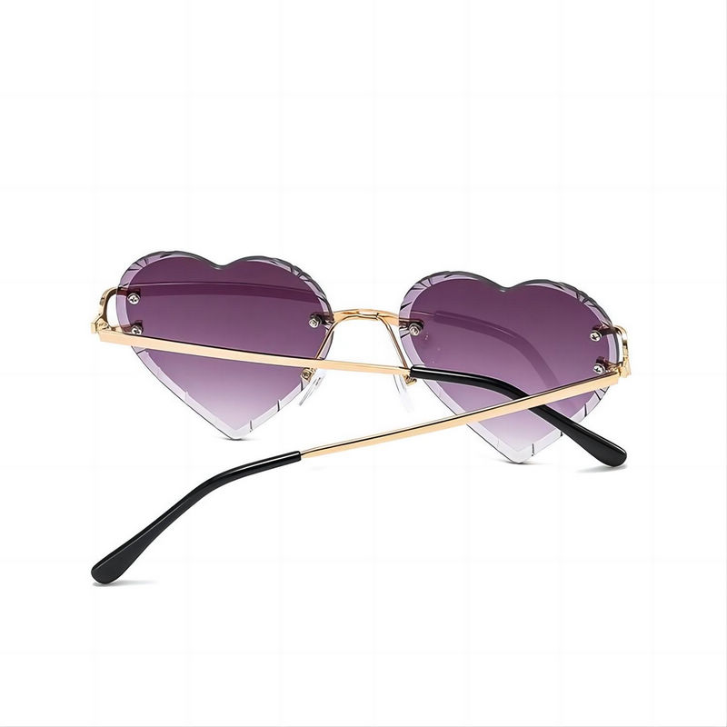 Vintage Diamond-Cut Rimless Heart Sunglasses Gold Temples Gradient Purple Lens
