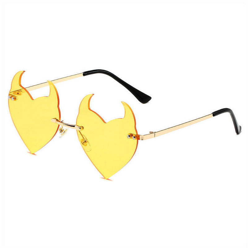 Yellow Rimless Heart Shaped Devil Horn Sunglasses
