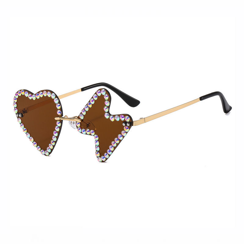 Brown Rhinestone-Embellished Rimless Heart Lightning Sunglasses