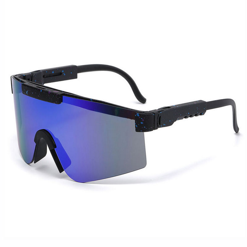 Mask-Shaped Cycling Shield Sunglasses Black Frame Dark Blue Lens