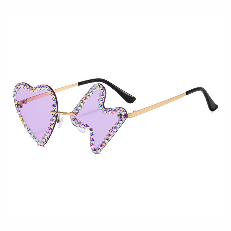 Purple Rhinestone-Embellished Rimless Heart Lightning Sunglasses