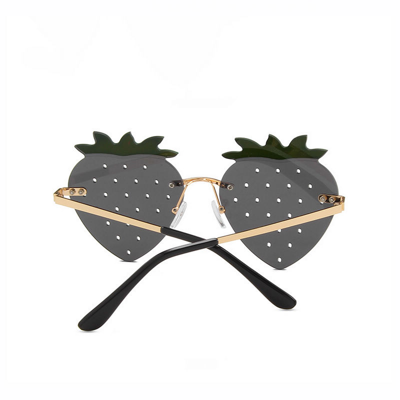Rimless Strawberry-Shaped Novelty Sunglasses Gold Metal Arms Grey Lens