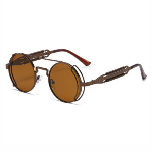 Brown Steampunk Industrial Round Metal Sunglasses with Spring Temples