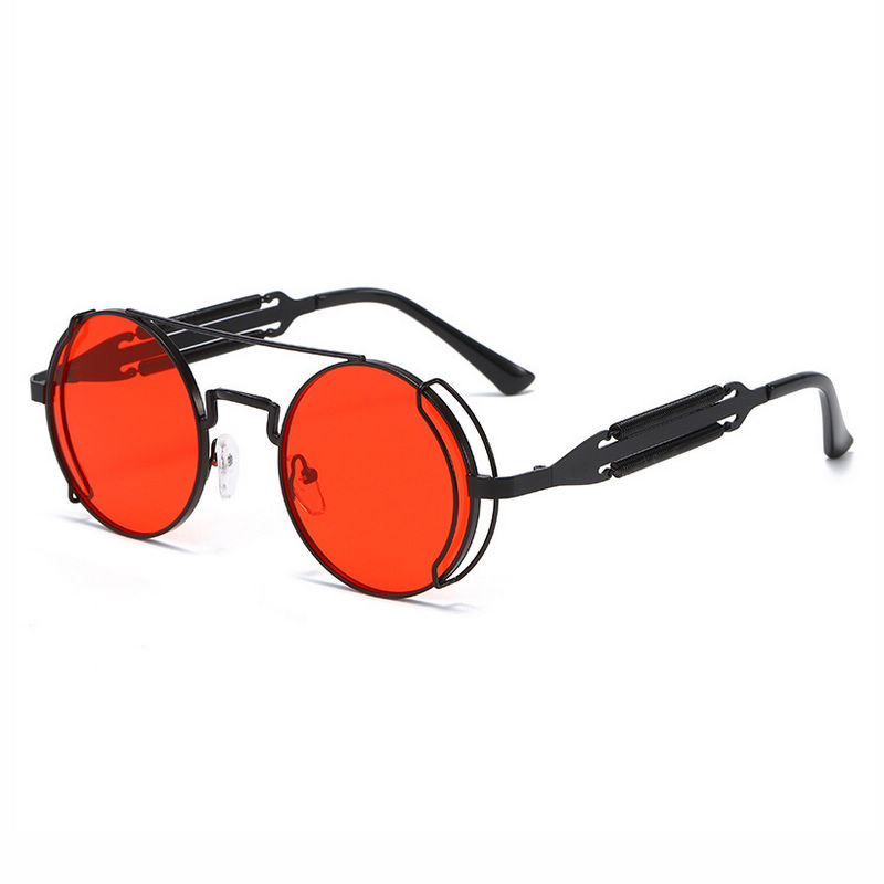 Red Steampunk Industrial Round Metal Sunglasses with Spring Temples