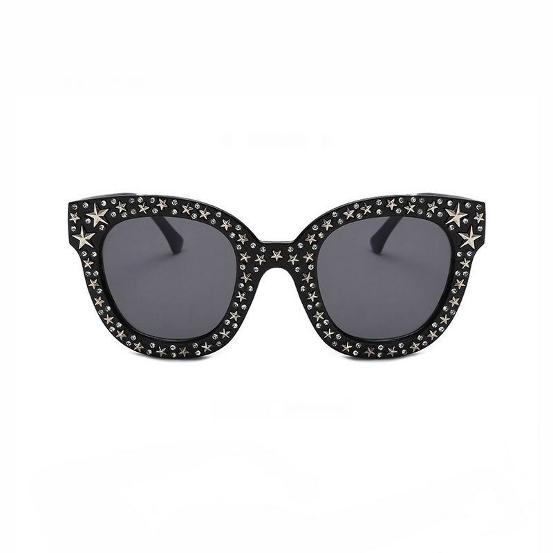 Star Stud Crystal Acetate Cat-Eye Sunglasses Black/Grey