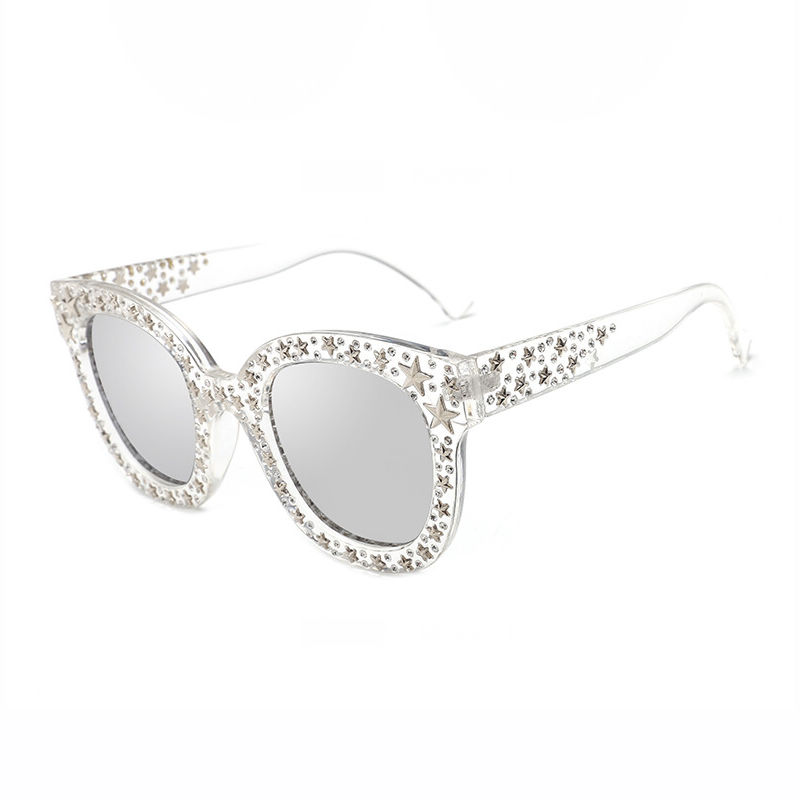 Star Stud Crystal Acetate Cat-Eye Sunglasses Transparent/Mirror Silver