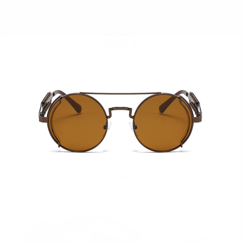 Steampunk Industrial Round Metal Sunglasses with Spring Temples Bronze/Brown