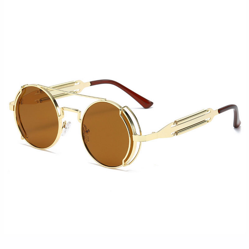 Steampunk Industrial Round Metal Sunglasses with Spring Temples Gold-Tone/Brown