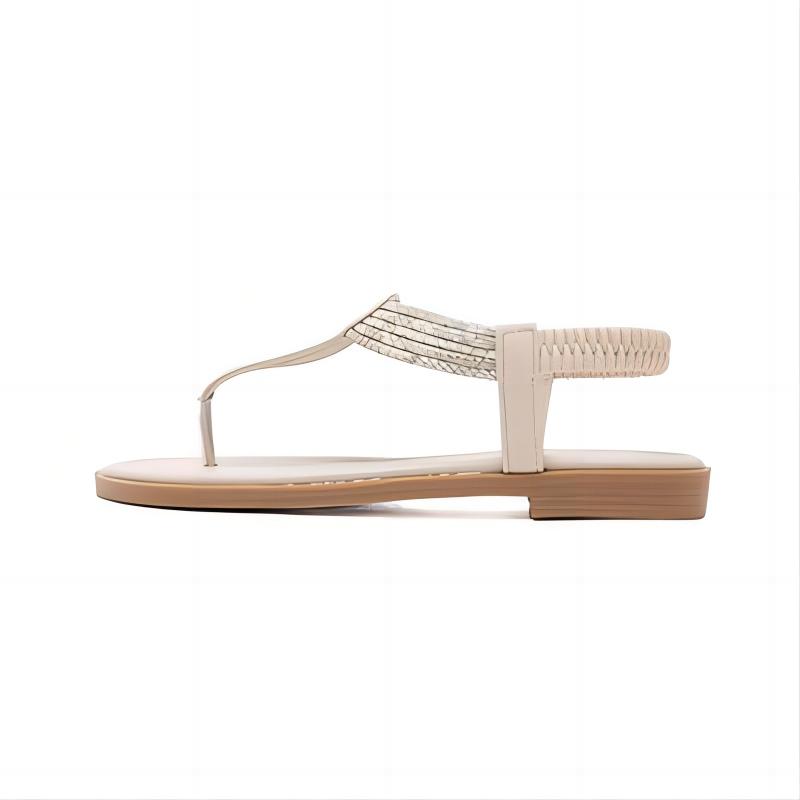 Apricot Leather T-Strap Flat Sandals with Elastic Ankle Strap
