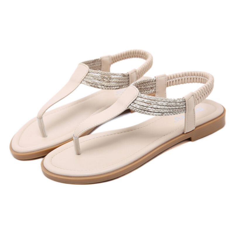 Apricot PU T-Strap Flat Sandals with Elastic Ankle Strap