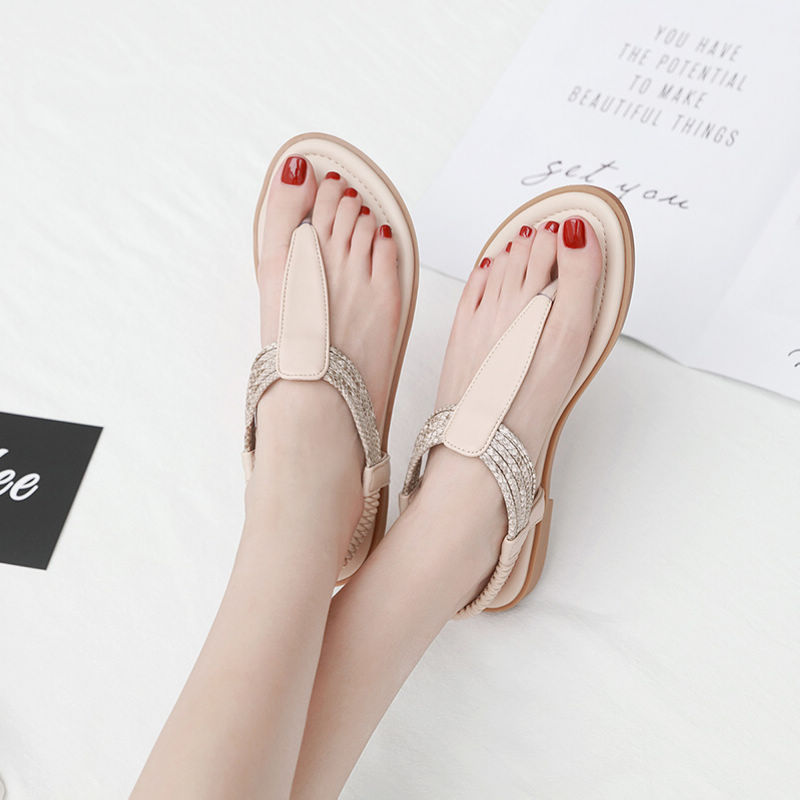 Apricot T-Strap Flat Sandals with Elastic Ankle Strap Sale
