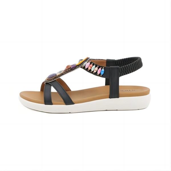 Beaded-Embellished Boho T-Strap Flat Sandals Black