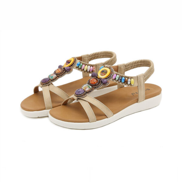 Beads-Embellished Boho T-Strap Flat Sandals Apricot