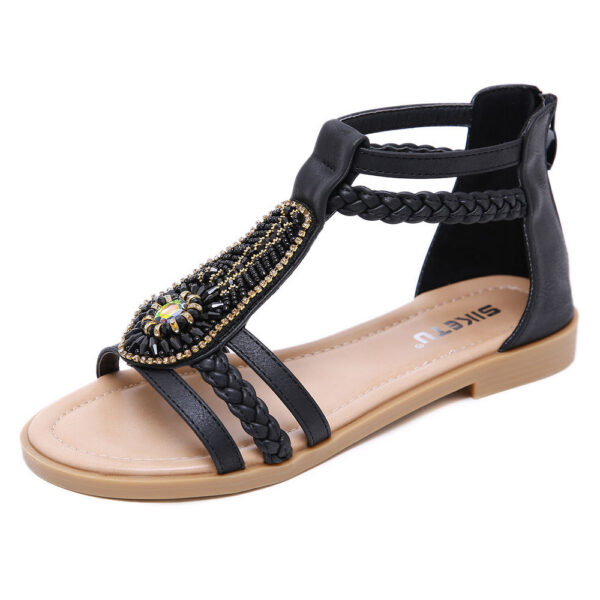 Black Beaded Rhinestone-Embellished Boho Gladiator Sandals