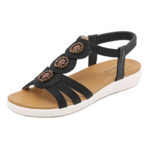 Black Boho Elastic-Strap Stone-Embellished Flat Sandals