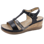 Black Color Matching T-Strap Wedge Sandals