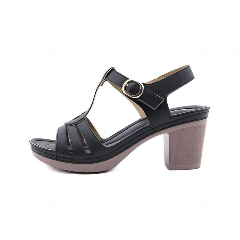 Black PU Leather Ankle T-Strap Block Heel Sandals