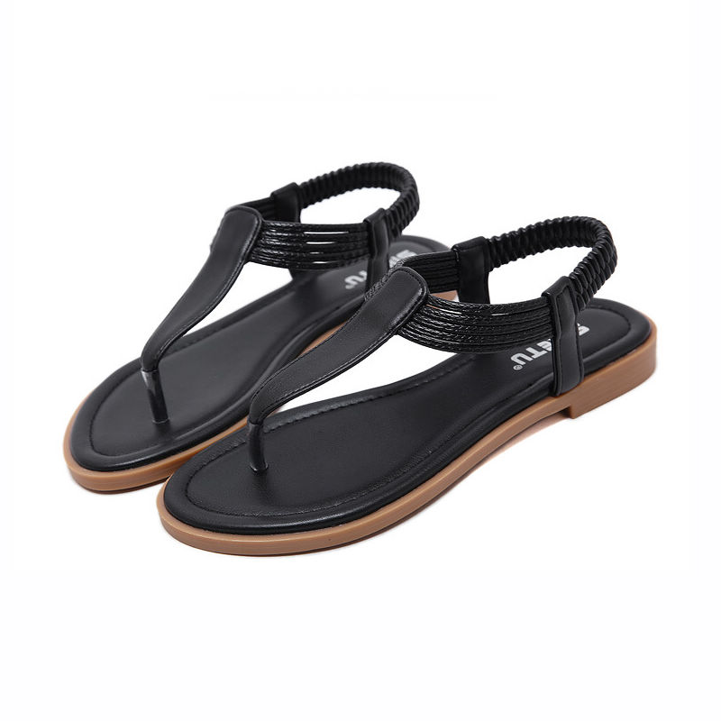 Black PU T-Strap Flat Sandals with Elastic Ankle Strap
