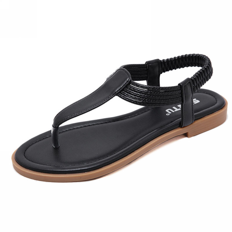 Black T-Strap Flat Sandals with Elastic Ankle Strap