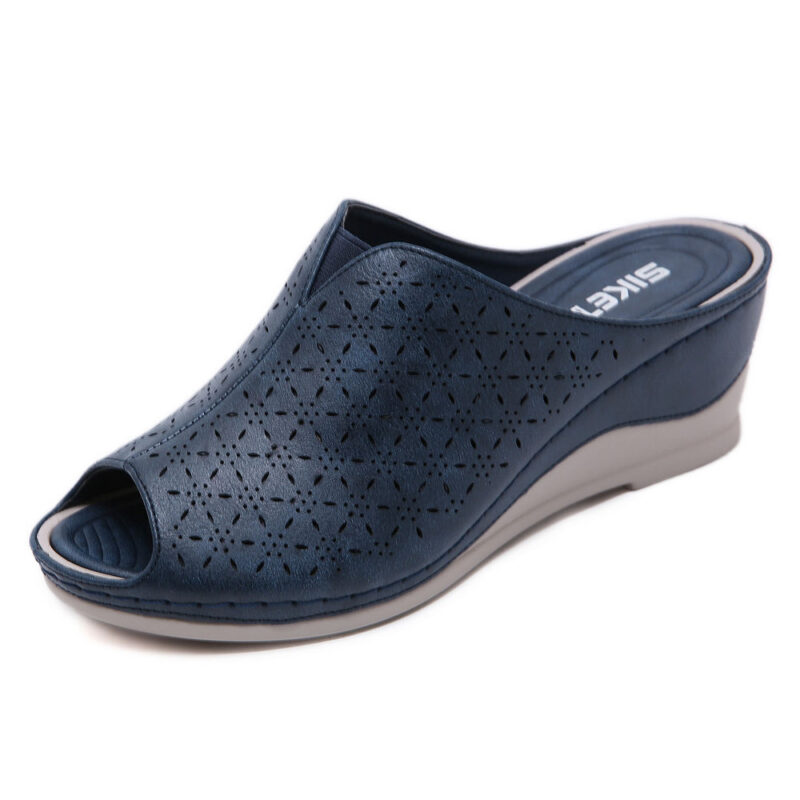 Blue Cutout Slip-On Peep-Toe Wedge Sandals