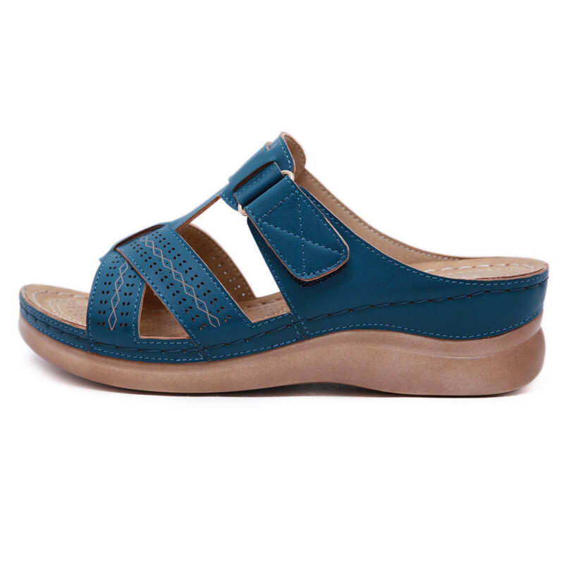 Blue Leather Plus Size Open-Toe Wedge Slide Sandals