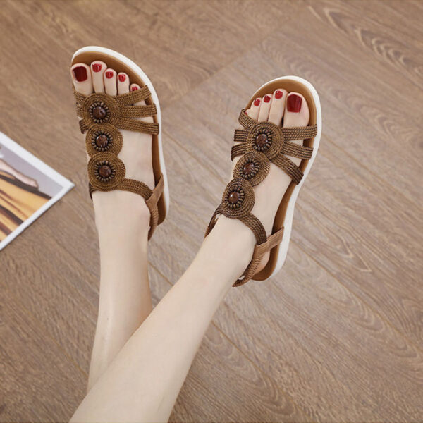 Brown Boho Elastic-Strap Stone-Embellished Flat Sandals Model Show