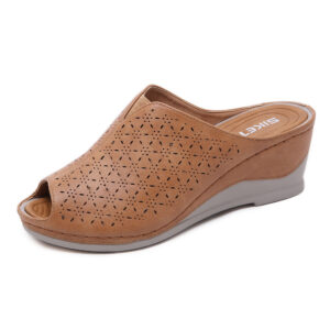 Brown Cutout Slip-On Peep-Toe Wedge Sandals