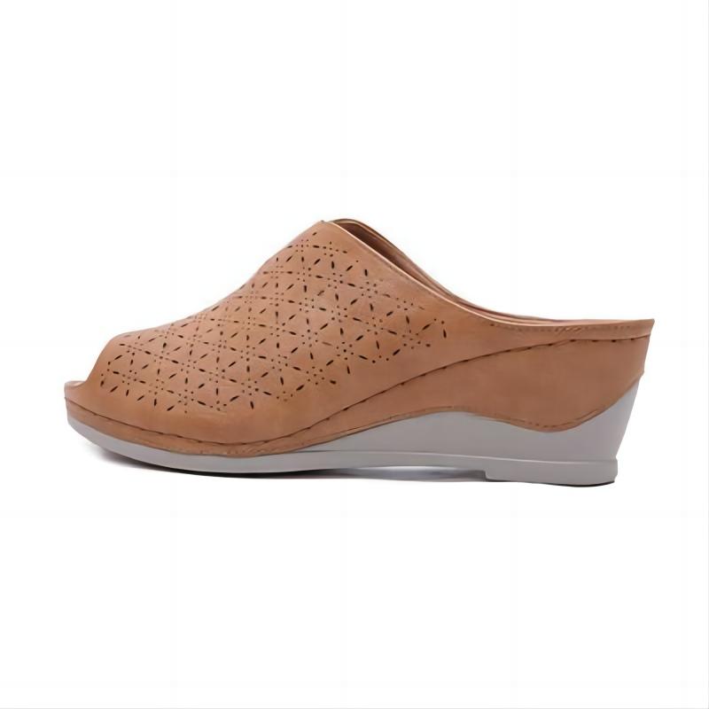 Brown Leather Cutout Slip-On Peep-Toe Wedge Sandals