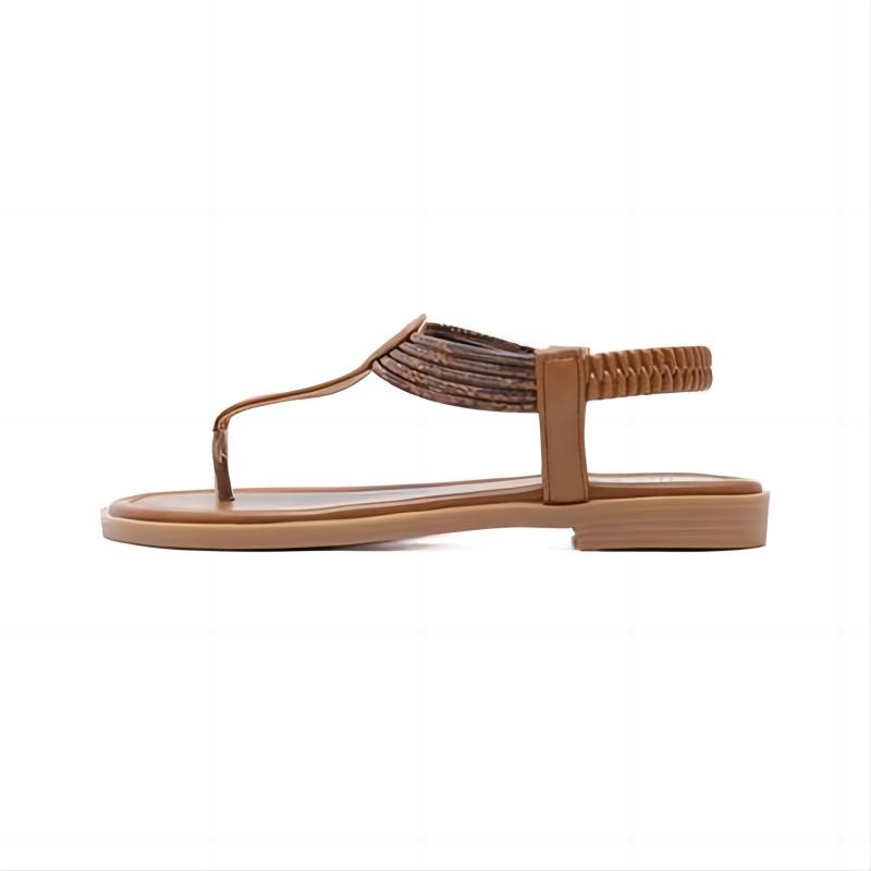 Brown Leather T-Strap Flat Sandals with Elastic Ankle Strap