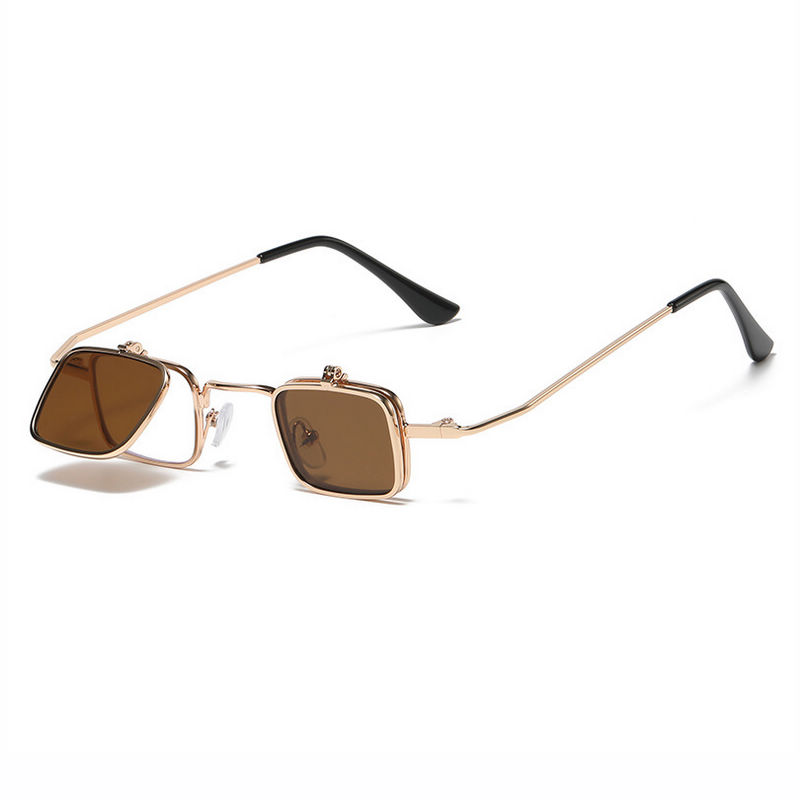 Brown Mini Metal Square Flip-Up Sunglasses