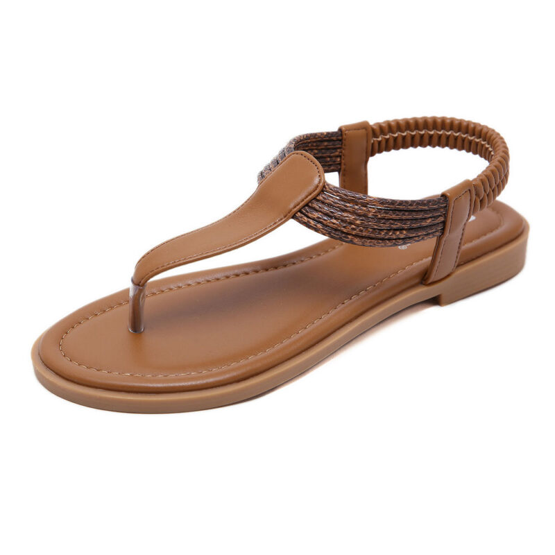 Brown T-Strap Flat Sandals with Elastic Ankle Strap