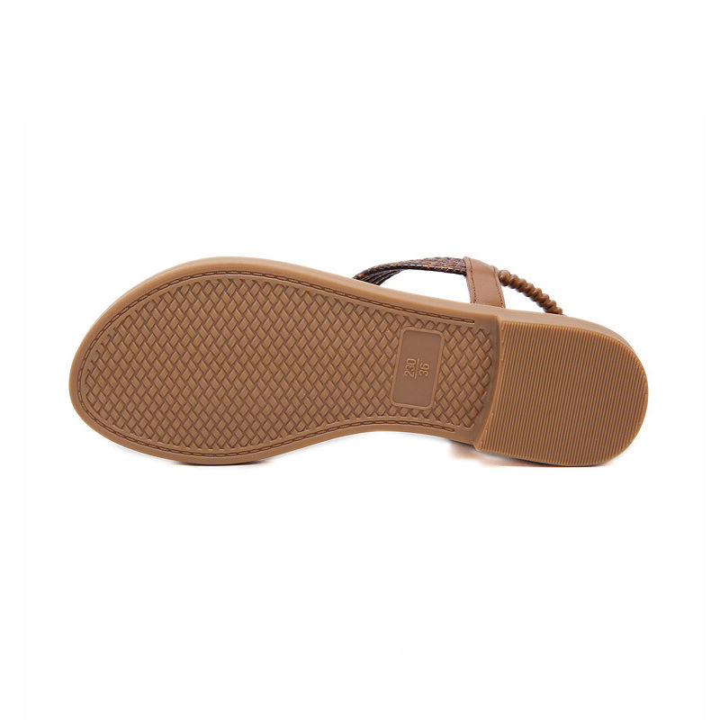 Brown T-Strap Flat Sandals with Elastic Ankle Strap Sale