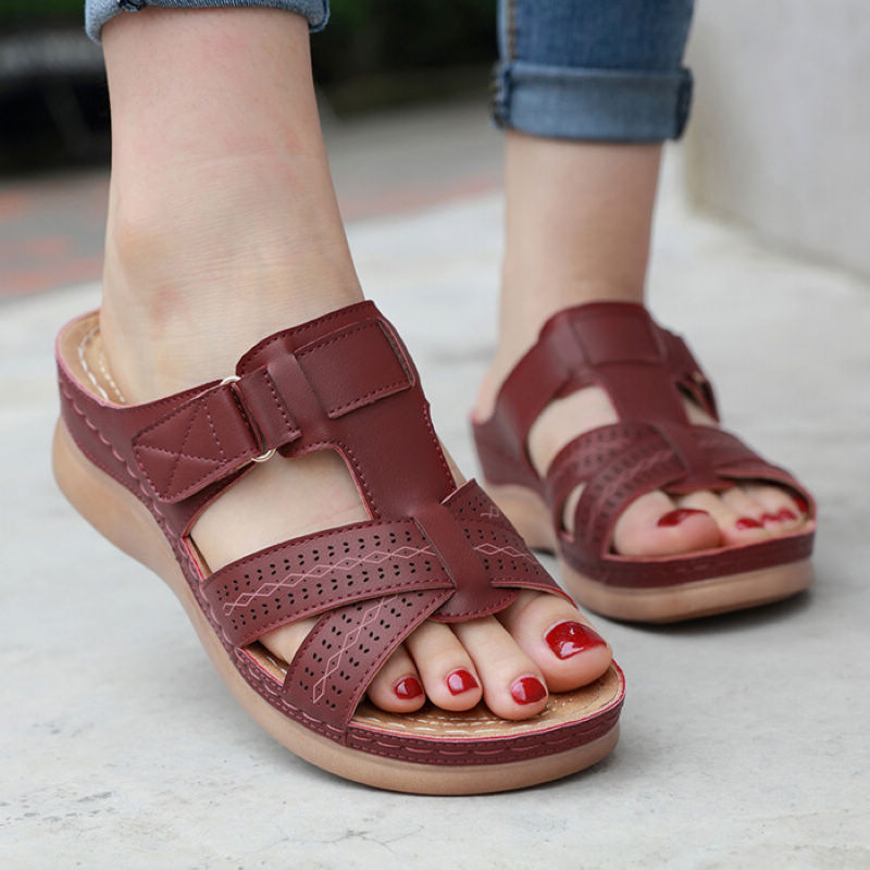Burgundy Leather Plus Size Open-Toe Wedge Slide Sandals