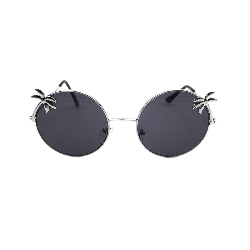 Coconut Palm Details Round Metal Sunglasses Silver Frame Grey Lens