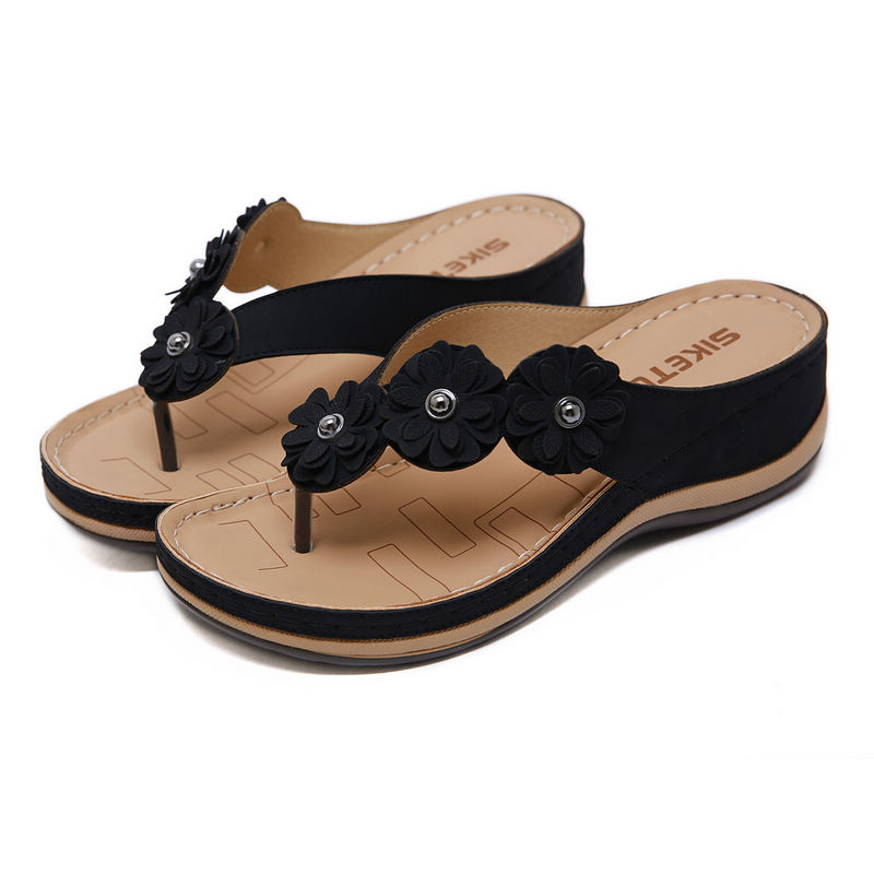 Floral Wedge Sandals Casual Flip-Flops Slides Black