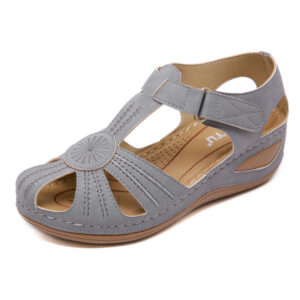 Grey Closed Toe Ankle Strap Floral Wedge Sandals