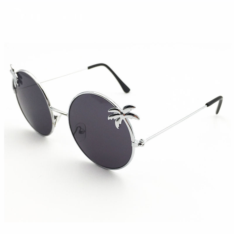 Grey Coconut Palm Details Round Metal Sunglasses