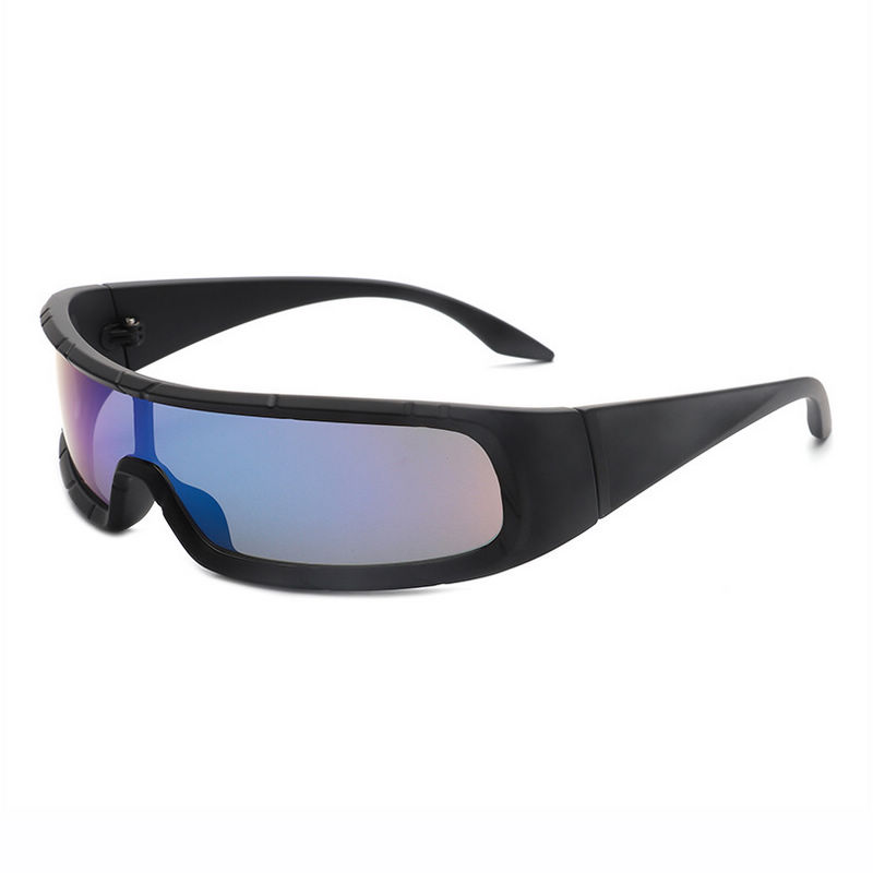 Mens Wraparound Rectangle Shield Sunglasses Black Frame Mirrored Blue Lens