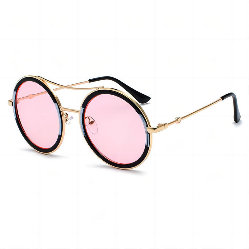 Metal with Acetate Classic Round Sunglasses Black White Frame Pink Lens