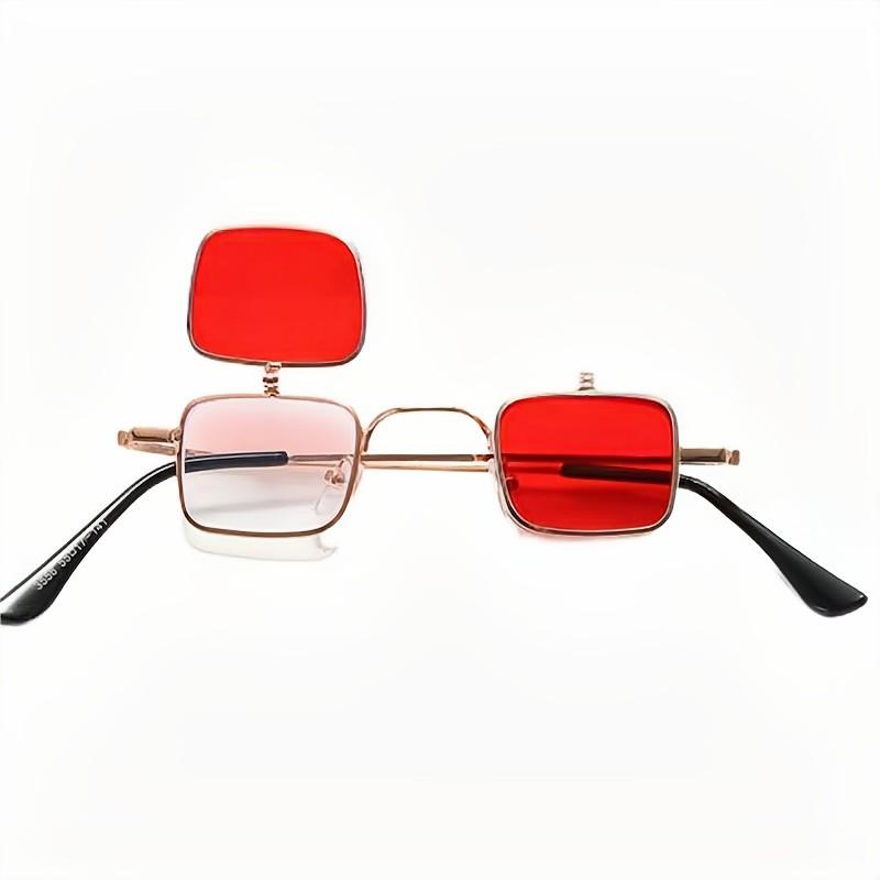 Mini Metal Square Flip-Up Sunglasses Gold Frame Red Lens
