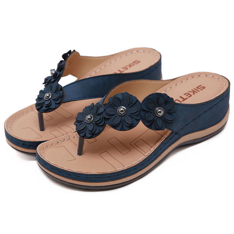 Plus Size Floral Wedge Sandals Casual Flip-Flops Blue