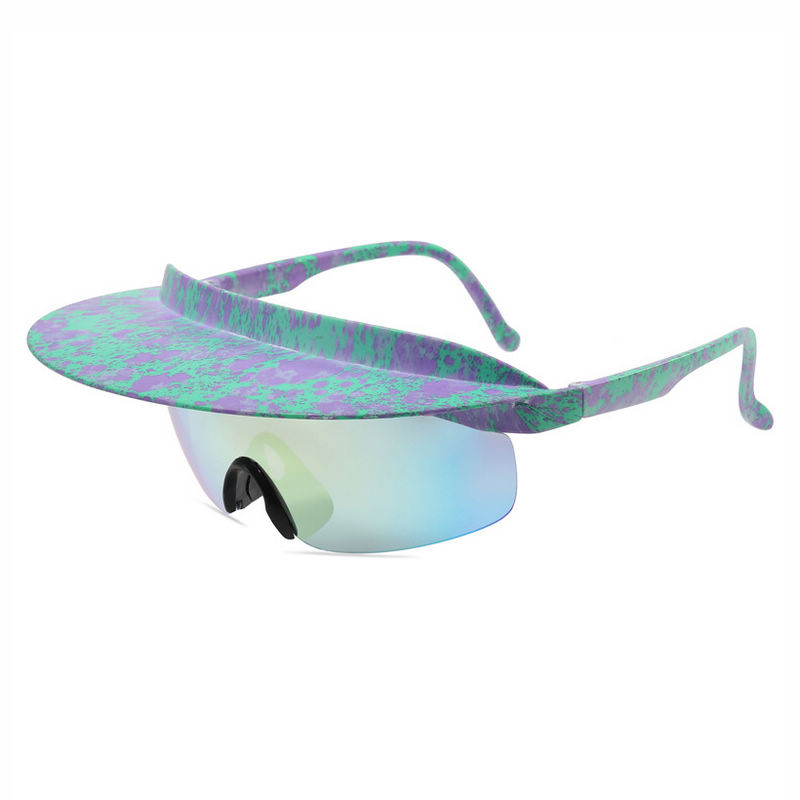 Retro Oversized Cycling Visor Sunglasses Purple Green Frame Mirror Yellow Lens
