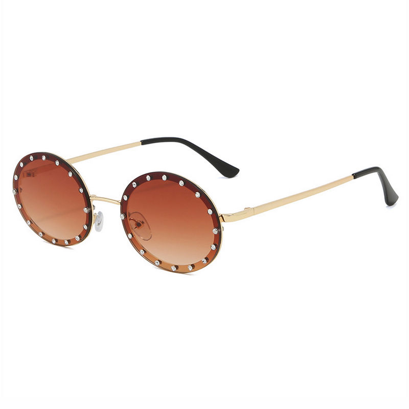 Rhinestone-Embellished Frameless Oval Sunglasses Gold-Tone/Brown