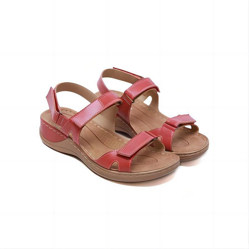 Womens Adjustable Strap Leather Walking Sandals Red