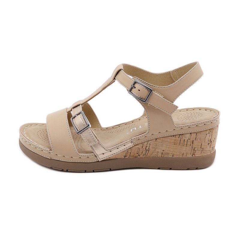 Womens Color Matching T-Strap Wedge Sandals Brown