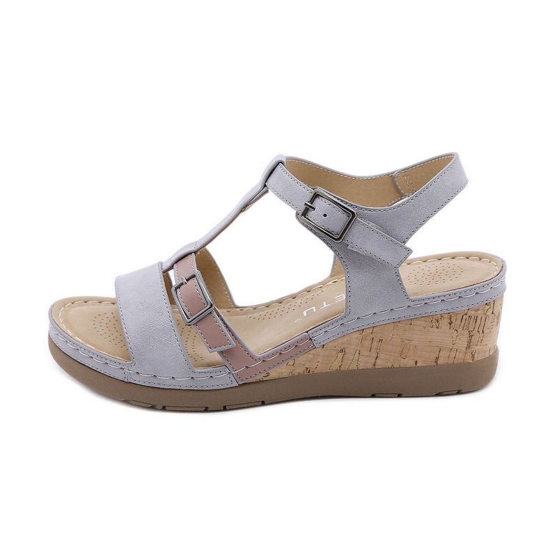 Womens Color Matching T-Strap Wedge Sandals Grey