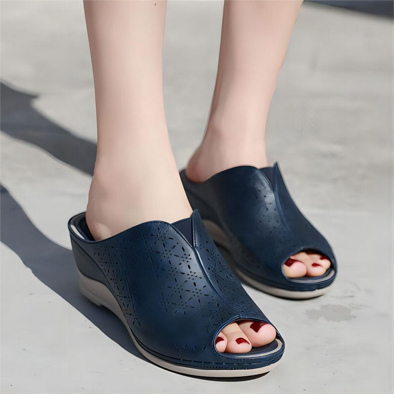 Womens Cutout Slip-On Peep-Toe Wedge Sandals Blue